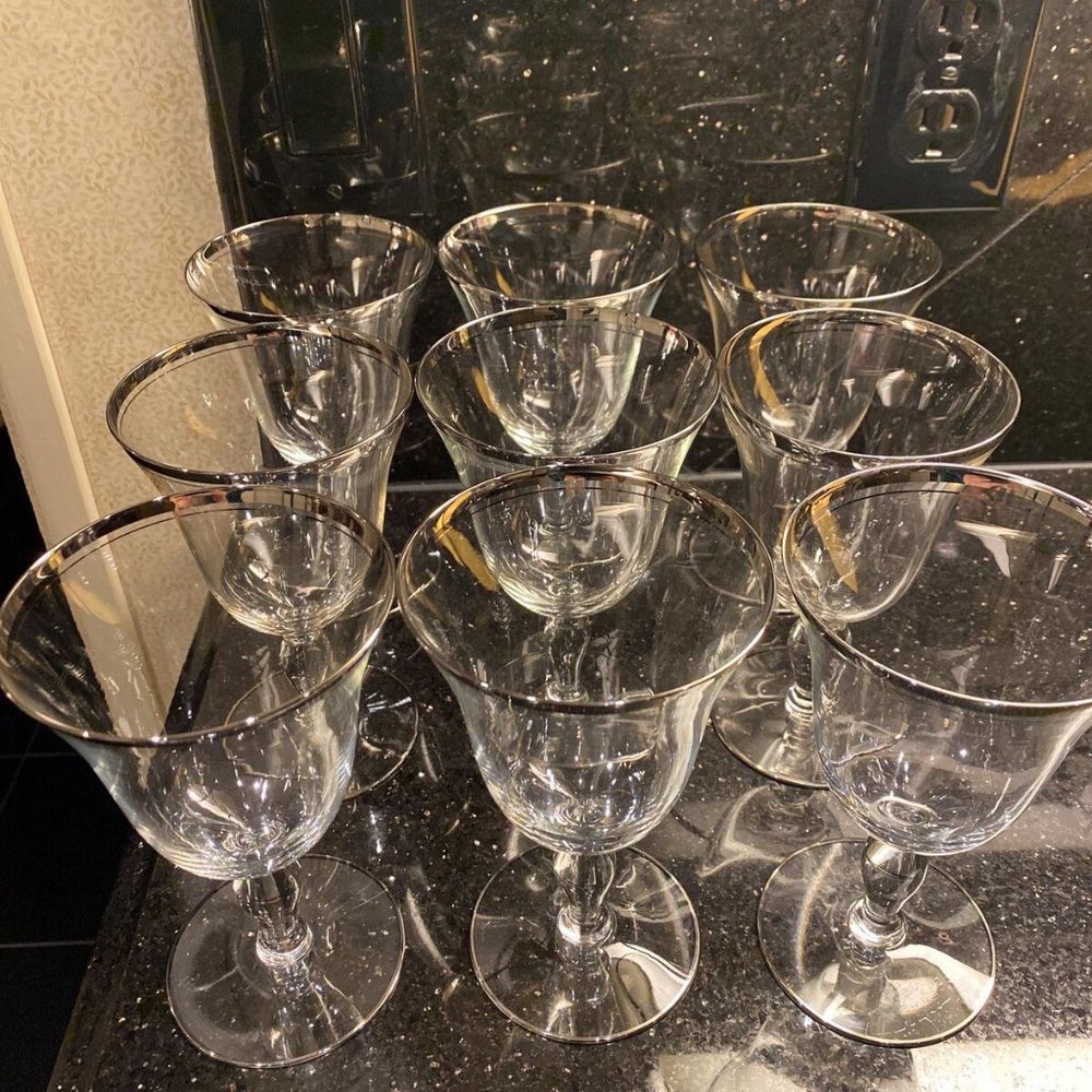 FOSTORIA Platinum Banded Crystal Water Glasses Set Of 9.  Hardly Used.